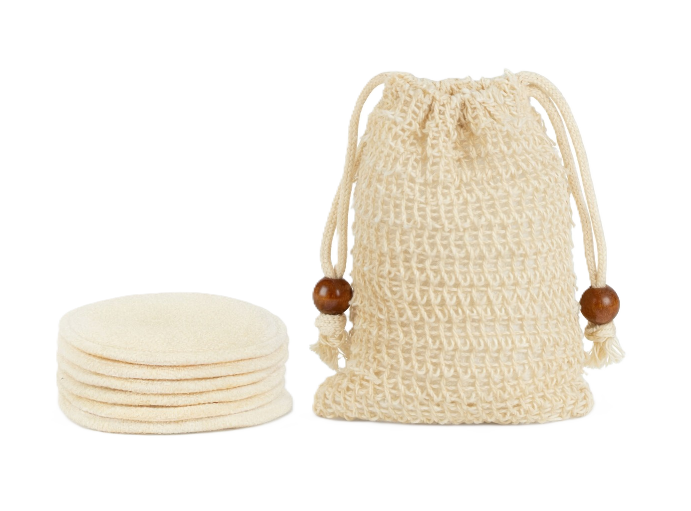 Sustainable Beauty Kit — Hemp Bag with Beads + 6 Reusable Pads